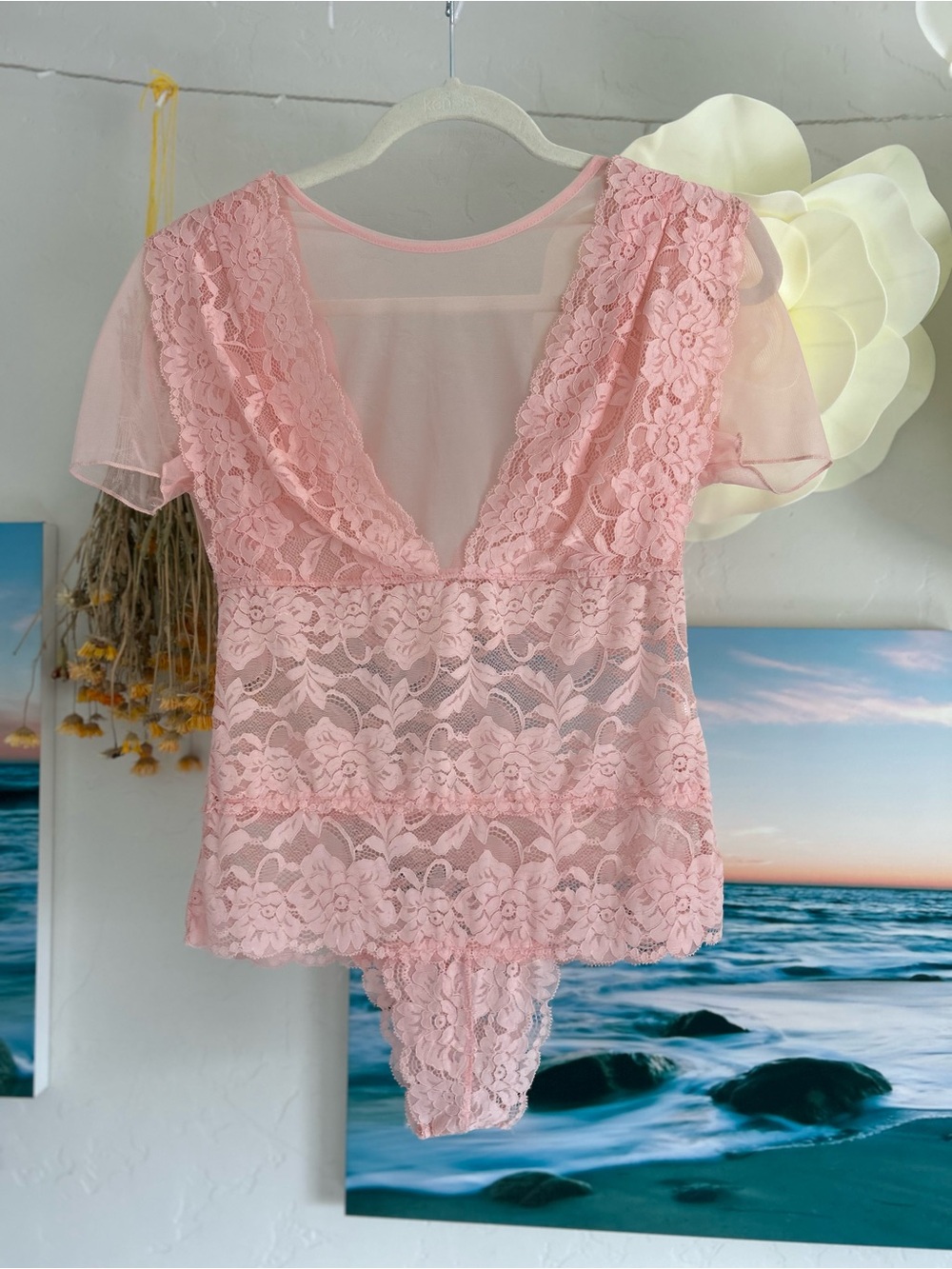 Dance & Marvel Blush Pink Lace Deep-V Sheer Chemise Bodysuit